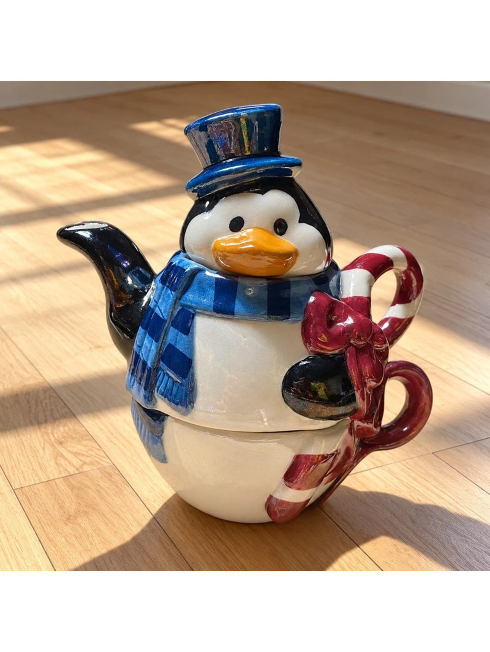 Vintage Penguin Tea For One Stacking Teapot Cup Christmas Candy Cane Ceramic